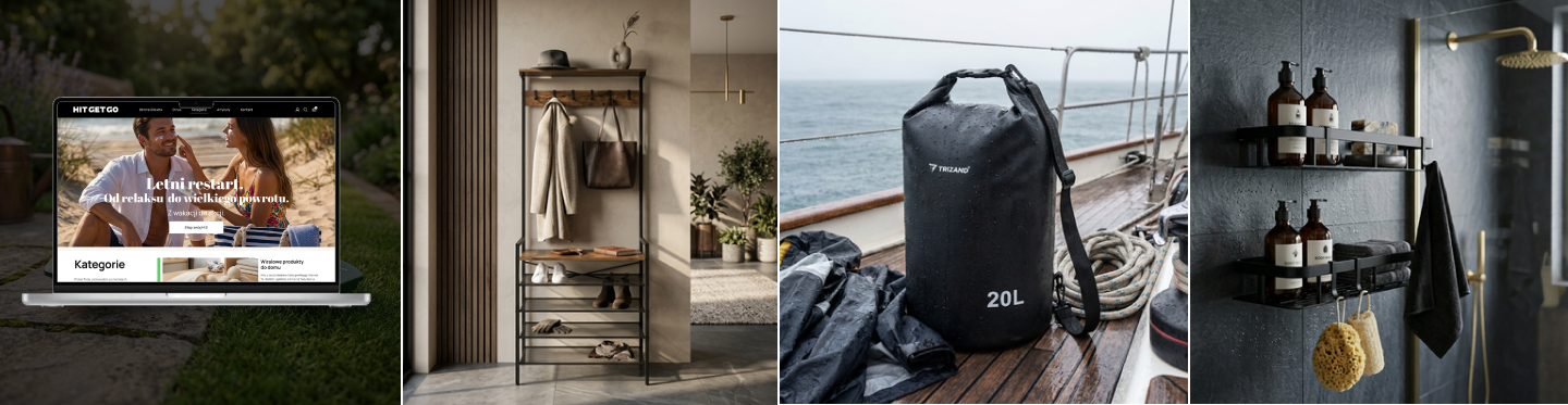 HitGetGo shoppable magazine — four-page editorial composite of AI-styled product scenes from the Boldway AI case study
